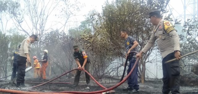 Bersama pihak terkait, Babinsa Kelurahan Melayu Kota Piring bantu padamkan kebakaran hutan, Selasa (01/08/2023)